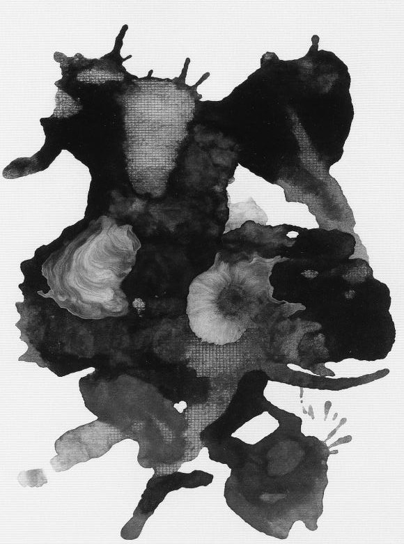 Layered dark ink mass in landscape orientation