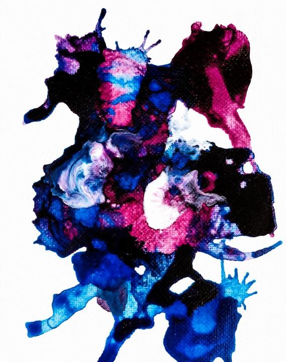 Cobalt, magenta and black abstract figure on white ground