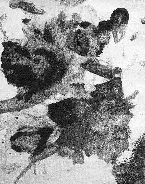 Dense black ink gesture with dripping detail on pale ground