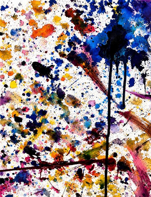 Dense multicoloured splatter field with cobalt and amber