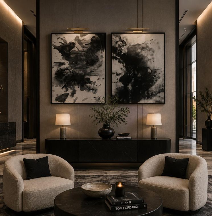 Pair of monochrome ink artworks in a neutral reception lounge