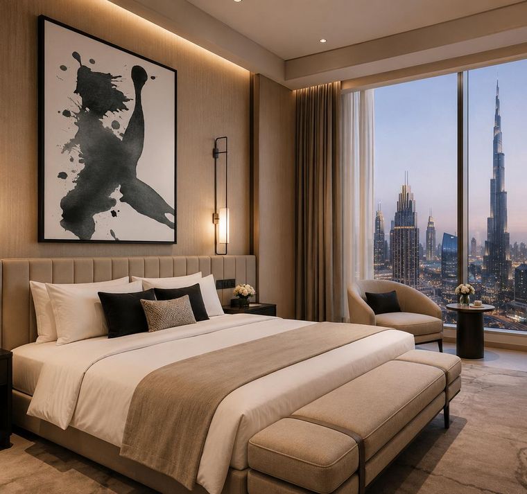 Two ink artworks above a hotel suite bed with city skyline view