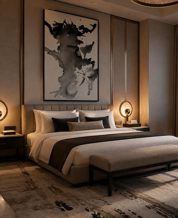 Single ink artwork above a bed in a warm-toned hotel guest suite